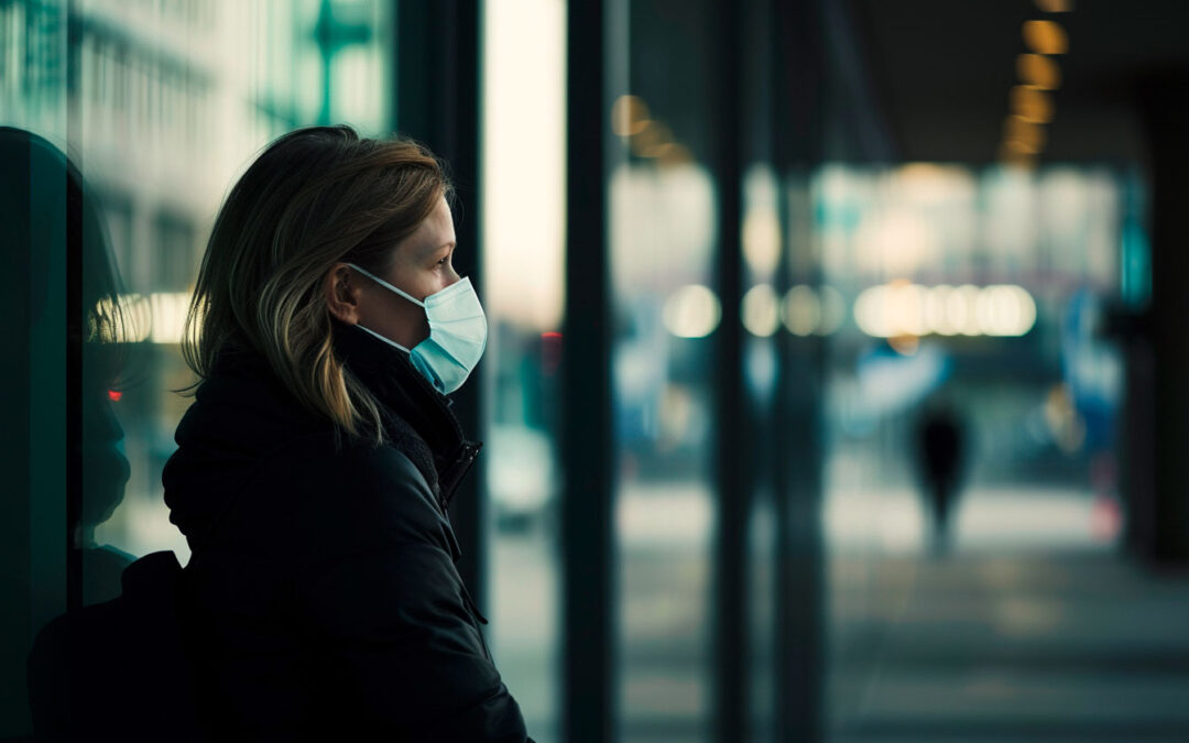 Frau mit Maske an Haltestelle