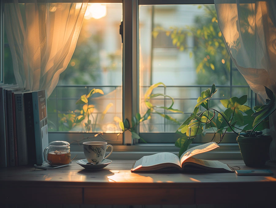 Fenster mit Tee und Buch